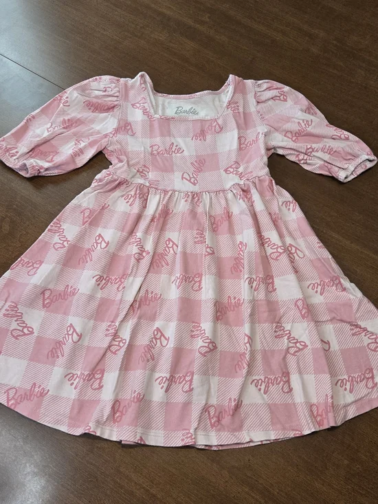 Barbie Girls Pink White Check Logo Graphic Puff Sleeve Fit & Flare Dress Medium