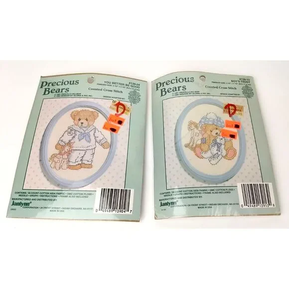 Janlynn PRECIOUS BEARS Counted Cross Stitch‎ Kits Frame Vintage 1995 Lot of 2