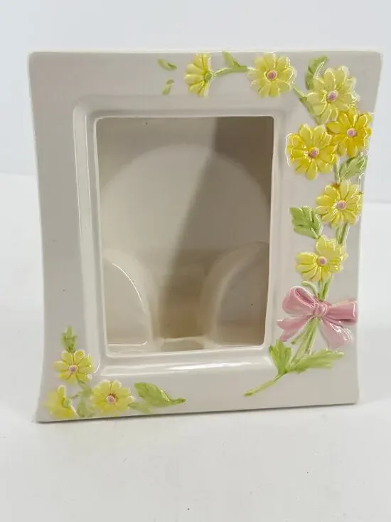 Ceramic Floral Picture Frame Yellow Daisy Pink Bow Cottagecore Holds 3x5 Photo