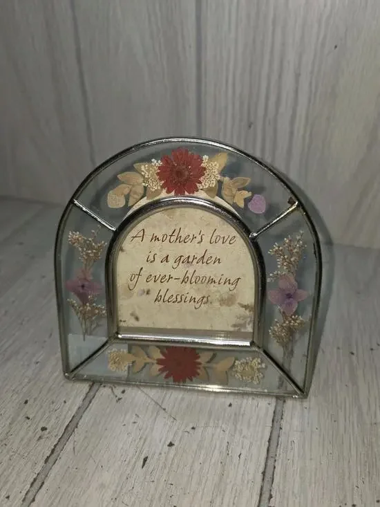 Vintage Pressed Flower Leaded Glass A Mothers Love Picture 5.5x5.5 Heritage Boho