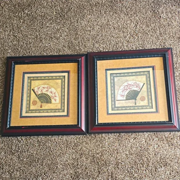 Pair of Vintage Sally Ray Cairns Oriental Fan Framed Lithographs 24x24