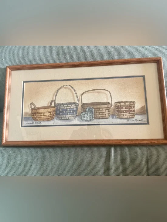 Framed Basket Watercolor Art Print in Brown and Blue - Unbranded