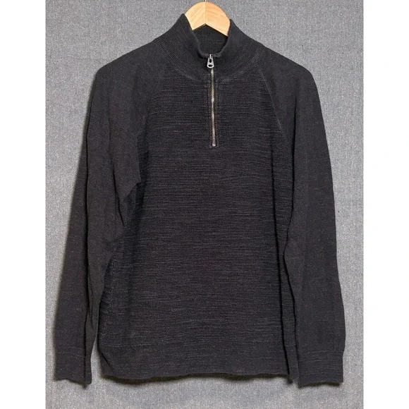 J. Crew Mens Quarter Zip Pullover Sweater Charcoal Gray Cotton Waffle Knit Large