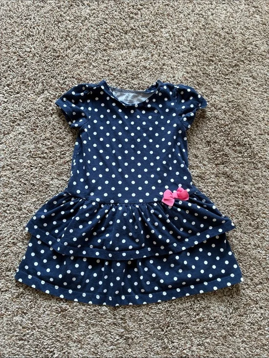 Navy Polka Dot Tiered Dress with Pink Bow