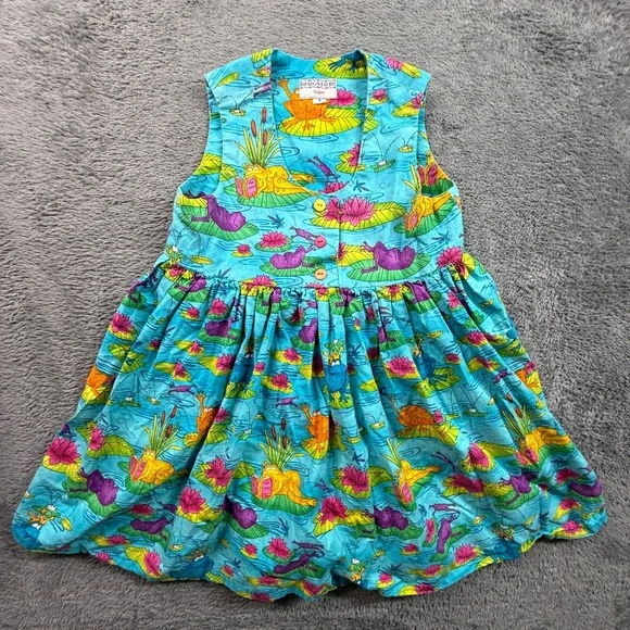 Designed by Virginia Dress Kids Size 5 Blue Vintage Frog Lily Pad Print