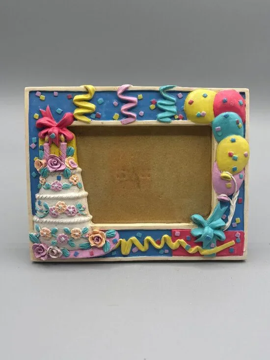 Vintage Russ Birthday Picture Frame Cake Balloons Confetti Resin Photo 3 x 4