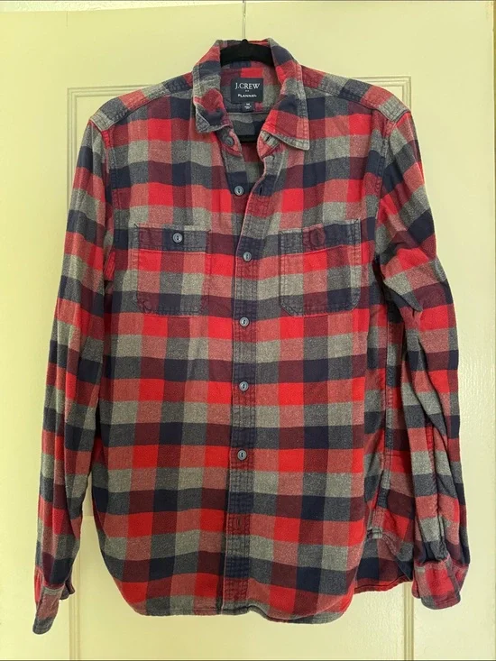J. Crew Red, Navy & Gray Plaid Flannel Button-Down Shirt