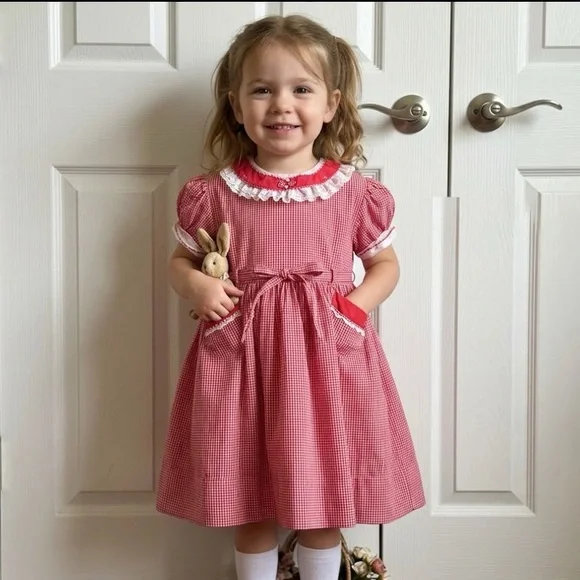 Vintage 1950s Mastro Red Gingham Girls Dress with Lace & Organza Trim