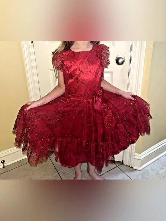Jona Michelle Red Glitter Floral Tulle Dress