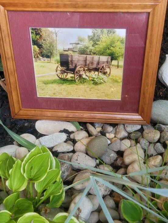 Wood Frame Rustic Wagon Print in Burgundy Mat