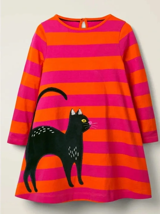 Mini Boden Orange and Pink Striped Girls' Dress W/ Velvet Black Cat Appliqué