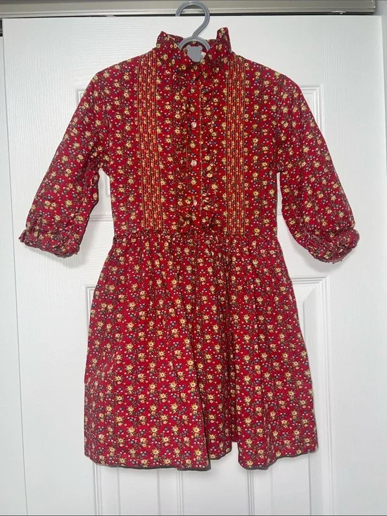 Vintage 70s Cinderella Girls Size 7 Red Floral Prairie Dress Ruffle