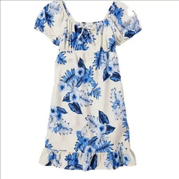Sugar & Jade Blue Floral Dress Tropical Floral Babydoll Ruffle Hem Girls XXL