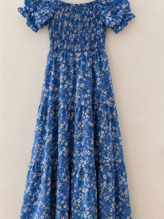 Girls Blue Floral Smocked Maxi Dress