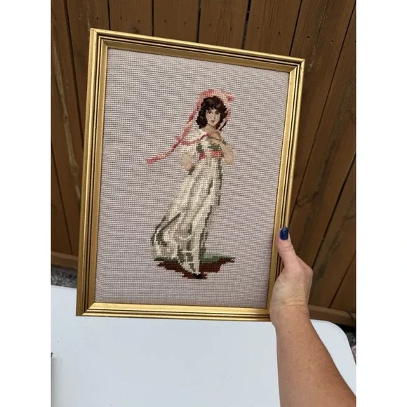 VTG Needlepoint Framed Pink‎ Girl 11