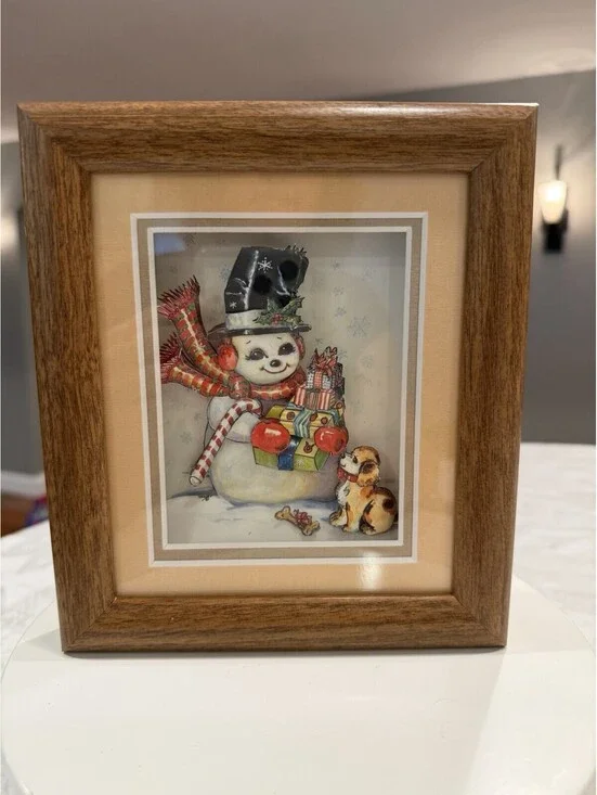 Vtg Christmas 3D Shadowbox Snowman & Puppy  Picture Excellent
