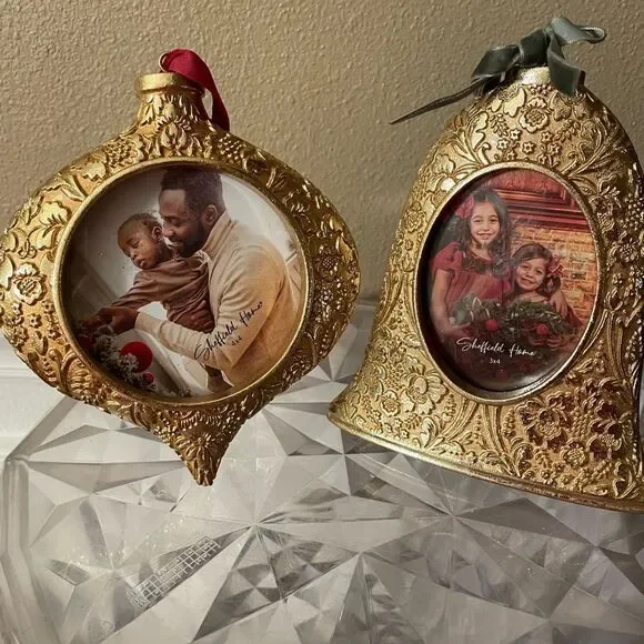 Sheffield Home Ornate Gold Ornament and Bell Shaped Picture Frames Velvet Bows