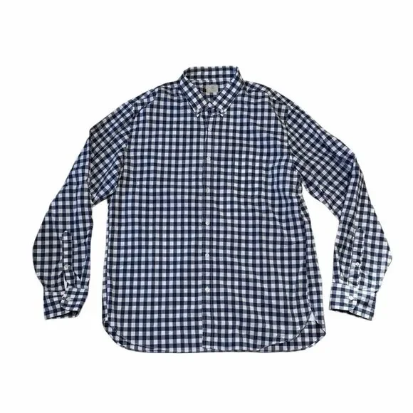 J Crew 2 Ply 100% Cotton Blue White Checkered Button Down Shirt Size XL