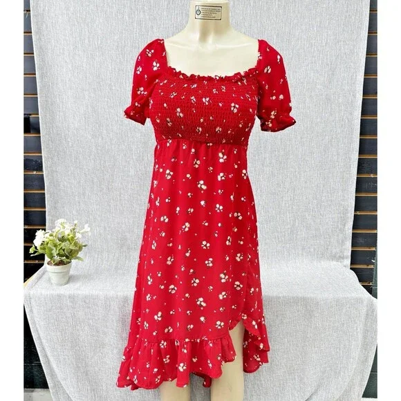 Franki by Francesca’s Perdita Tween Dress Red Daisy Smocked High Low Size YTH 12