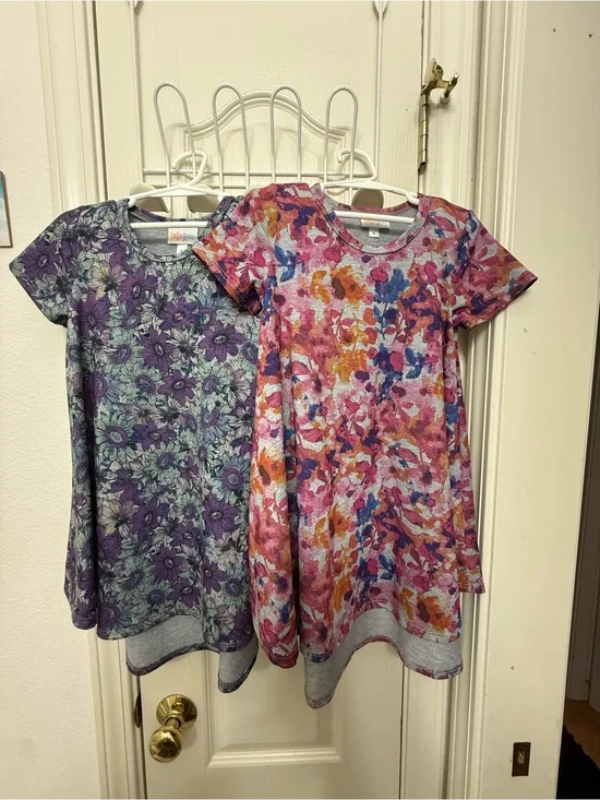 LuLaRoe Kids Dress Set - Purple Floral & Multicolor Pink/Orange/Blue Print