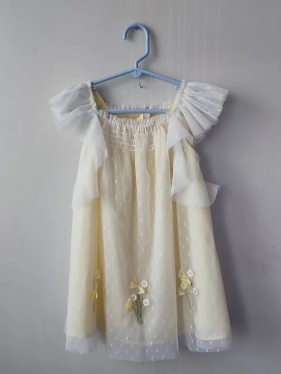 Biscotti Pale Yellow and White Floral Tulle Dress. New Without Tag