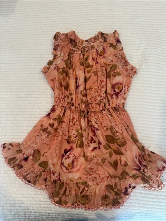 Zimmermann Girls' Floral Ruffle Romper Dress in Peach Pink Size 2