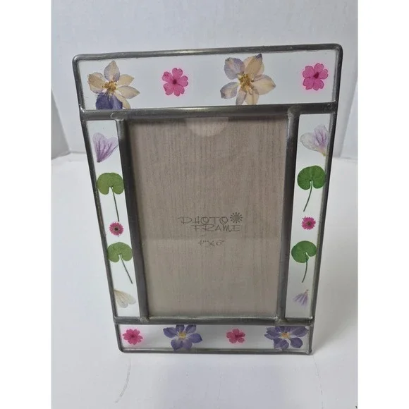 Vintage Stained Glass Pressed Flower Photo Frame 4x6 Botanical Cottagecore Decor