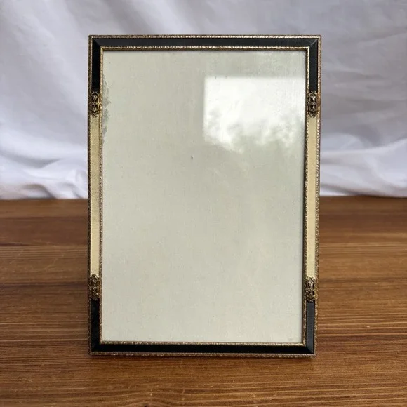 Vintage Brass Tone 5x7 Picture Frame Black & White Ribbon Trim Glass Easel Back