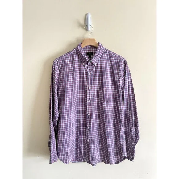 J. Crew Long Sleeve‎ Button Down Shirt Dress Gingham Orange/Red Blue Mens Large