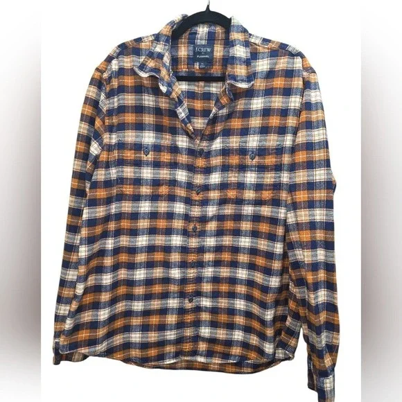 J.‎ Crew Men's XL Plaid Flannel Shirt Navy Rust Orange 100% Cotton Lumberjack