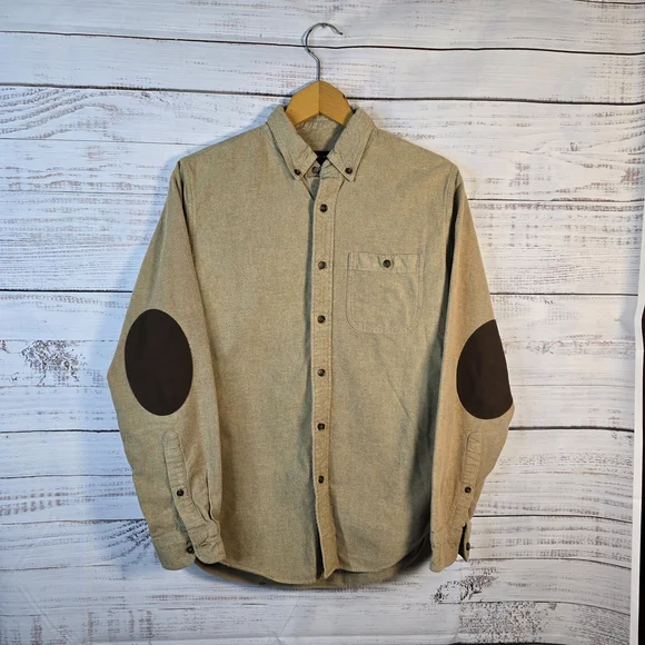 J.Crew Tan Button Down Shirt w/ Brown Elbow‎ Patches Size Small Preppy Classic