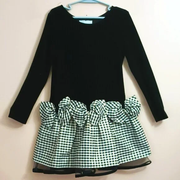 Bonnie Jean Black Velvet Plaid Dress 6 Long Sleeve Large Bows Silver Weaving