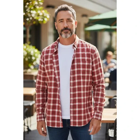 J‎ Crew Mens Plaid Button Down Shirt Long Sleeve Red White Cotton Blend Preppy