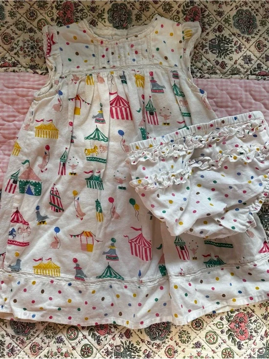 Baby Boden White Dress with Multicolor Circus Print and Bloomers