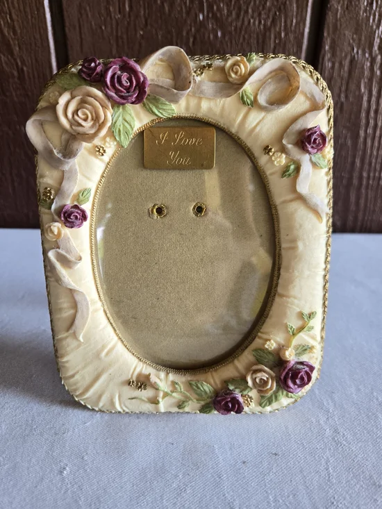 I Love You Hand Painted Floral Picture Frame with Pink Rose Victorian Accents