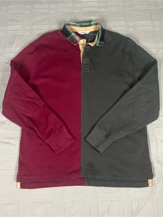 J Crew Knit Goods Rugby Polo Shirt LS Mens Size Medium Gray Maroon Color Block
