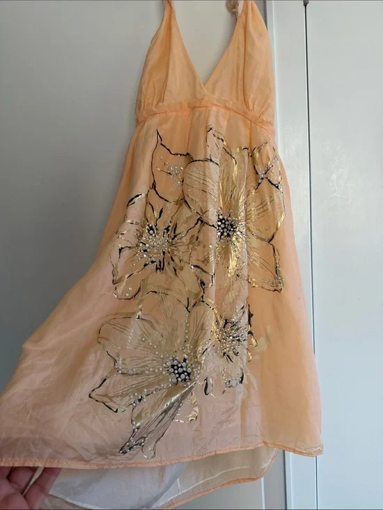 Miss Me Peach Floral Halter mini Dress with Gold Accents size M