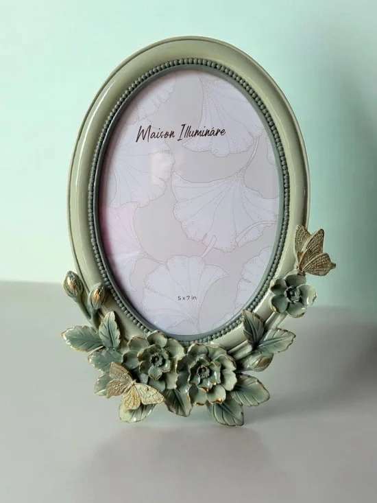 Sage Green Floral Oval Picture Frame with butterfly 5”x7” photo
