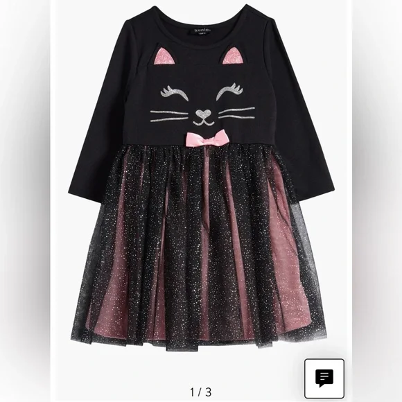 NWT- Zunie Kids' Kitty Long Sleeve Jersey & Tulle Party Dress, 24 months