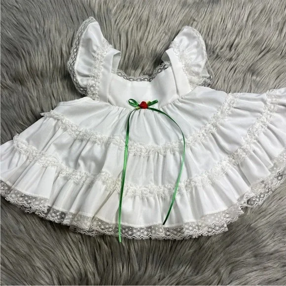 Vintage Christmas Bryan Baby Girls White Ruffle Lace Pinafore Dress