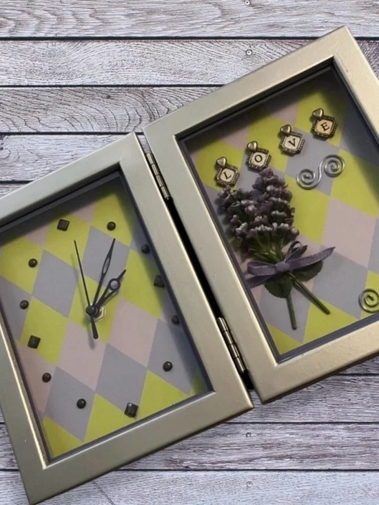 Shadow box clock purple and green