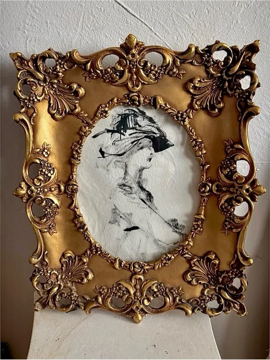 Antique Victorian Style Gold Gilt Oval Frame BW Drawing Ornate Rococo Porcelain