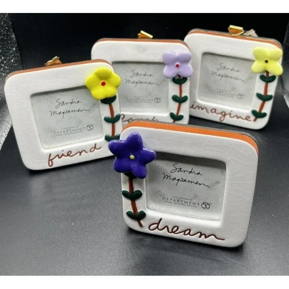 Dept 56 Flowers Picture Frame DREAM IMAGINE LAUGH FRIEND Sandra Magsamen ~ Set 4
