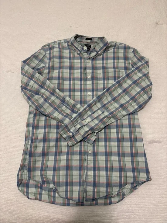 J. Crew Men’s Plaid Button-Down Shirt in Light Blue & Green