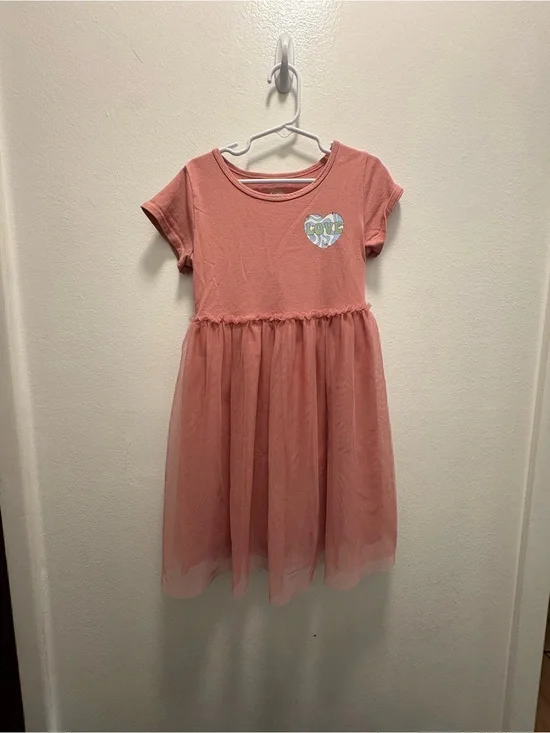 wonder nation Pink Short Sleeve Tulle Dress with Heart Patch
