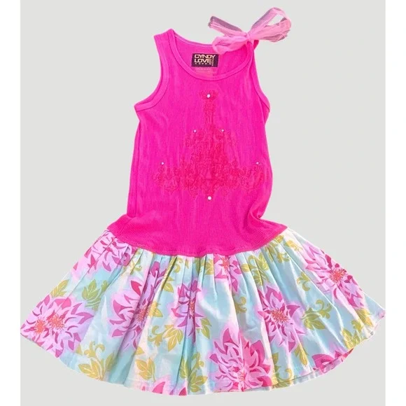 Cyndy Love Girls Pink Drop Waist Chandelier Dress Floral Skirt Bow Size 6 6X