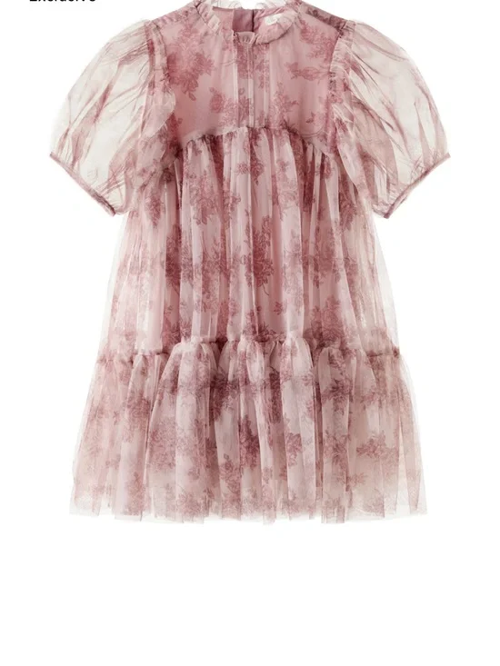 Girls' Dusty Rose Floral Tulle Tiered Dress