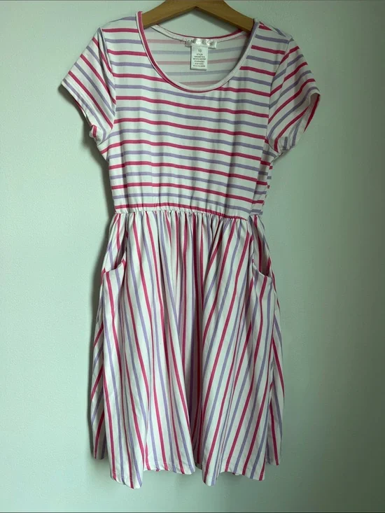 Emma & Elsa | Kids Striped Pink & Lavender Short Sleeve Knit Dress Pockets Sz 10