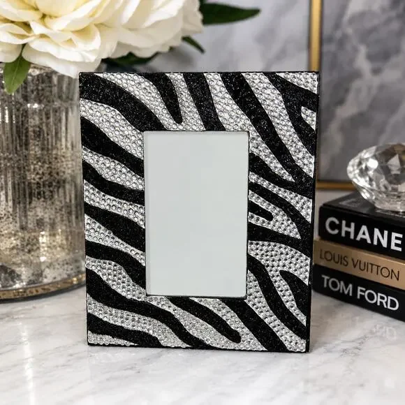 Zebra rhinestone and glitter hand embellished picture frame 3.5”x5.5” picture