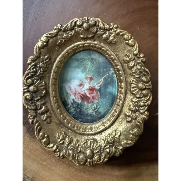Vintage  Portrait of a Lady On A Swing In Beautiful Oval Gold Frame